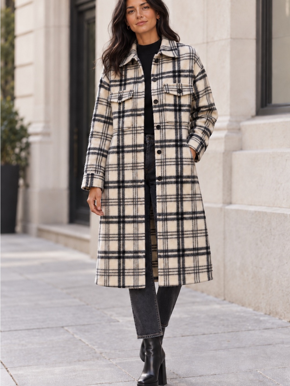 NWT RED Valentino Cream & Black Plaid Long Wool Coat